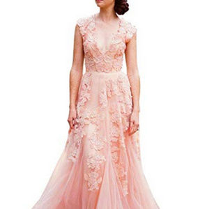 Coral Tulle and Lace Ballgown with Train